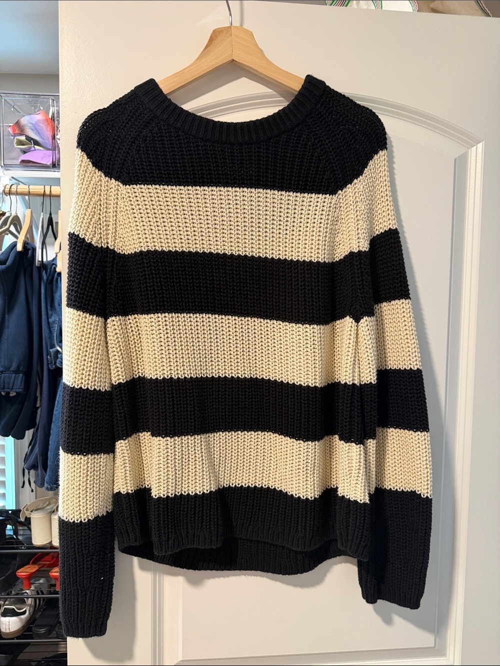 Velvet by Graham & Spencer Black & Cream Striped Crewneck Sweater